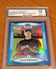 ALAN JOHNSON Rookie AUTO****2008 Bowman BLUE Refractor--MINT 9****ROCKIES---DOG