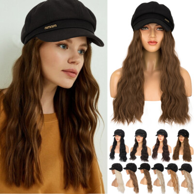 Beret Hat with Hair Newsboy Cap Long Wavy Wig Black Beret Curly Wavy Hairpiece