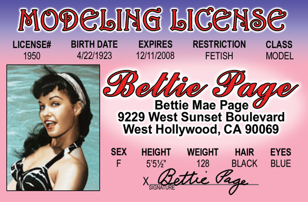 Bettie Page MODELING License Model Betty plastic ID card Drivers