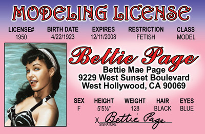 Bettie Page MODELING License Model Betty plastic ID card Drivers