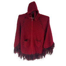 Skully Full Zip Knit Hooded Sweater Poncho Boho Womens One Size Red Fringe