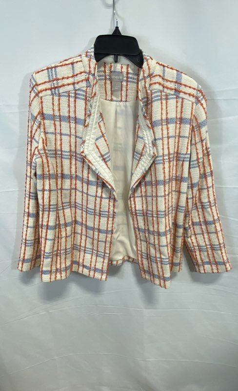 Chico's Women's Open Front Jacket Orange Blue White Plaid Textured Tweed Sz 1