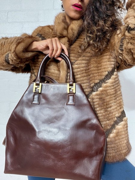 Vintage Fendi 2 in 1 Brown Leather Tote Bag Large