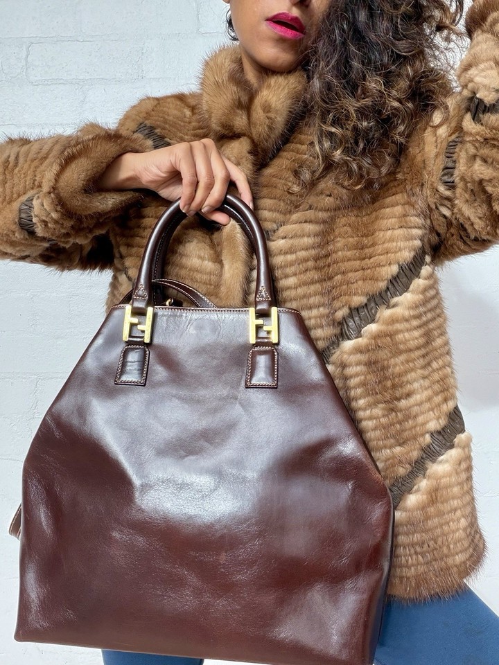 Vintage Fendi 2 in 1 Brown Leather Tote Bag Large