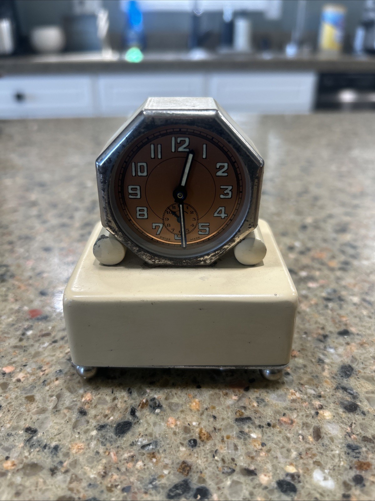 Vintage Swiss Made Mechanical Travel Alarm Clock with Orange Dial