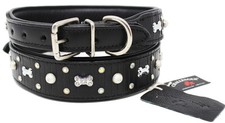 Large 21''- 25'' Soft Genuine Leather Beaded Padded Dog Puppy Collar 60AA219BK