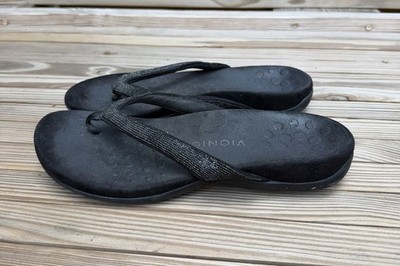 VIONIC Dillon Shine Black Rhinestone Thong Flat Sandals Size 9 Wide