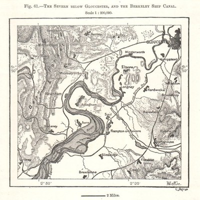 Die Severn unter Gloucester. Berkeley Sharpness Schiffskanal. Skizzenkarte 1885