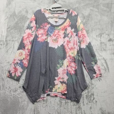 Philosophy Top Womens XXL Gray Botanical Floral Trellis Asymmetric Hem Tunic