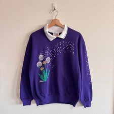 Vintage Cottage Core Grandma Nature Flower Floral Purple Sweatshirt 80s Size L