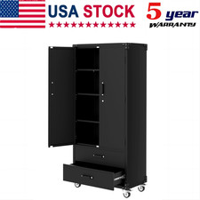 72" Garage Large Metal Storage Cabinet w/3 Adjustable Shelves 2 Drawers Wheels