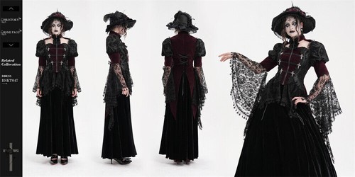 Eva Lady Women Red Vintage Gothic Lace Splice Velvet Puff Sleeve Jacket - Picture 23 of 23