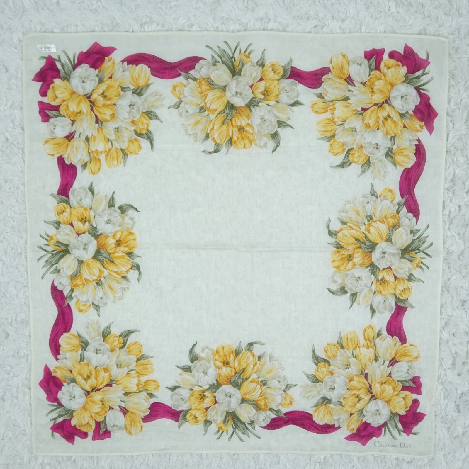 M534 CHRISTIAN DIOR écharpe coton ivoire fleur foulards poche carré 18,5