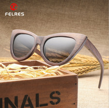 Women Bamboo Wood Polarized Sunglasses Brown Wood Frame Cat Eye Style Glasses
