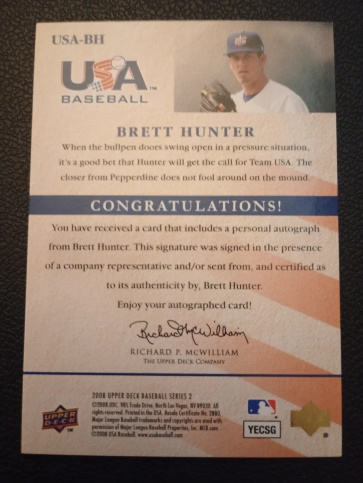 2008 Upper Deck USA Baseball Brett Hunter AUTOGRAPH Athletcis 6/50 - Image 2 of 2