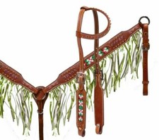 Western Horse Lime Bling Hand Beaded Tack Set Bridle Headstall w/Breast Collar
