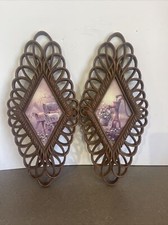 2 VINTAGE MCM BURWOOD WALL HANGING FAUX WOOD COUNTRY FARM BOHO RATTAN Wicker