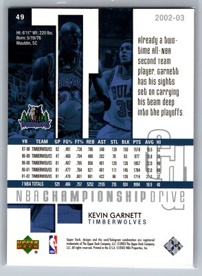 2002-03 Upper Deck Championship Drive Kevin Garnett #49 Minnesota