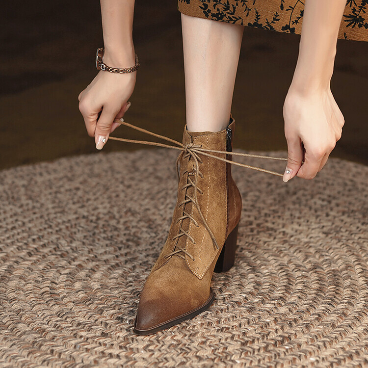 Womens Suede Pointy Toe Lace Up Block Heel Distressed Ankle Boots Chic Shoes  | eBay