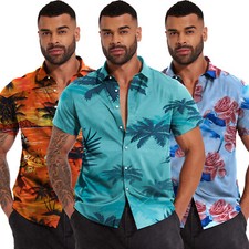 Mens Hawaiian Shirt Floral Palm Tree Sunset Surf Beach Sea Holiday Stag Dance