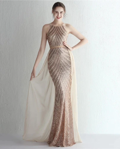 Elegant Gold Sequins Dress Evening Party Women Long Formal Evening Prom Dresses - Picture 14 of 30
