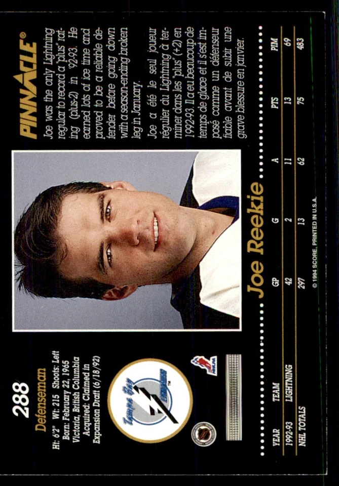 1993-94 Pinnacle Joe Reekie Tampa Bay Lightning #288 - Image 2 of 2