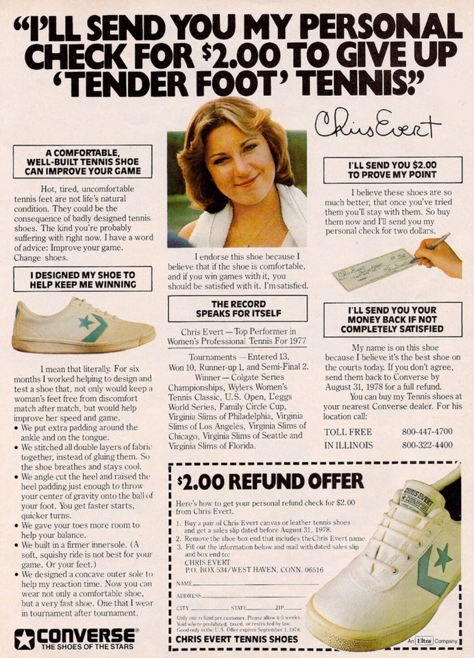 Винтажный женский теннис США Converse One Star «Chris Evert» размер 7 белый 1970-е - Изображение 2 из 4