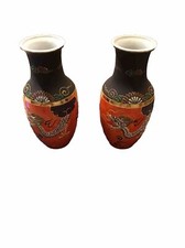 (2) Ceramic Japanese Moriage Inspired Bud Vases Dragonware  Porcelain Orange 8”