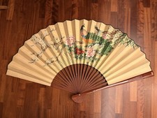 VENTAGLIO CINESE GIGANTE VINTAGE in CARTA DIPINTA A MANO Beige