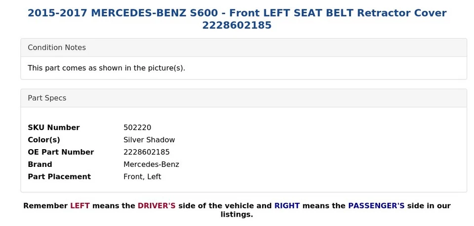 Mercedes-Benz S600 2015-2017 - Cubierta retractor cinturón de seguridad delantero izquierdo 2228602185 Foto 4 de 4