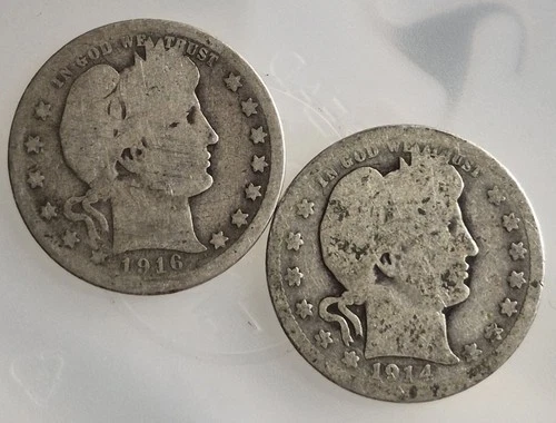 1914-D & 1916 Barber Silver Quarters | Denver & Philadelphia | AG - Lot of 2