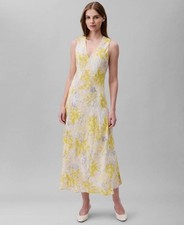 Calvin Klein Abstract-Print V-Neck Midi Dress Women's L Yellow Multi Sleeveless