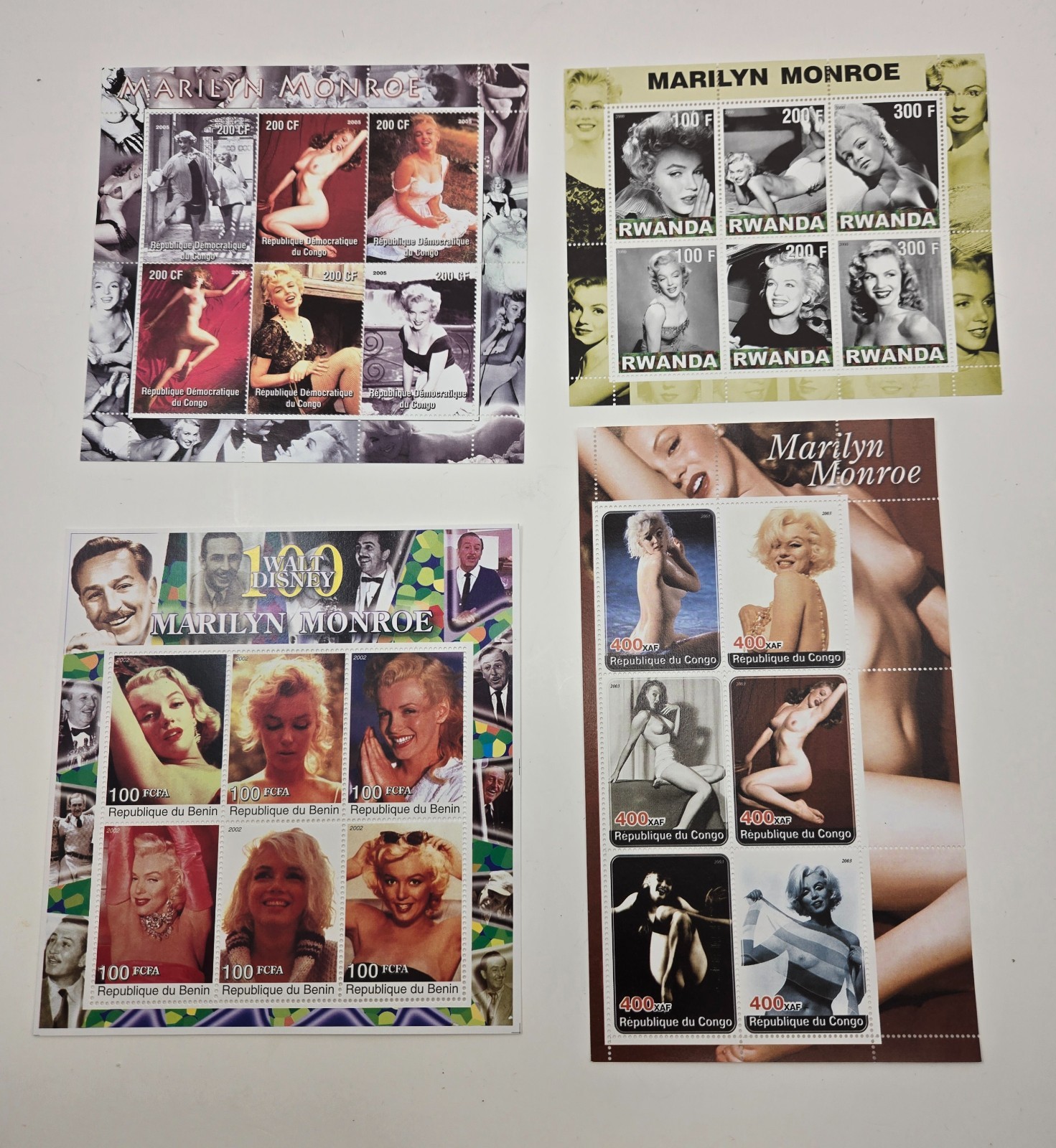 Marilyn Monroe Stamp Sheets Set of 4 Benin Congo Rwanda 2000s Mint Unused Lot
