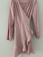 Pink Solid Wrap Dress V-Neck Puff Long Sleeve Ruffle Tie Waist Short XL