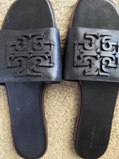 Tory Burch Sandals Size 11M Women  s Slip On Leather Black Large Signature Logo