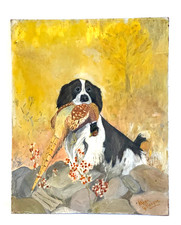SPRINGER HUNTING DOG WITH PHEASANT OIL PAINTING BY MIMA GILLESPIE. 9 3/4  X 12