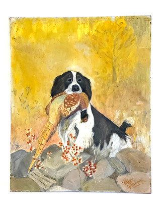 SPRINGER HUNTING DOG WITH PHEASANT OIL PAINTING BY MIMA GILLESPIE. 9 3/4  X 12