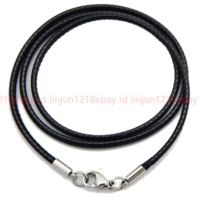 2mm Black Leather Cord Necklace Silver with Lobster Clasp 14-32'' Chain