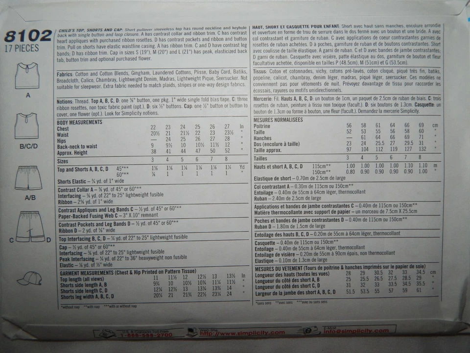 Simplicity 8102 Top Shirt Shorts Hat Sewing Pattern Girls 3 4 5 6 Summer UC - Image 4 of 4