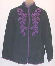 Linea Women's Nwot Medium Green With Purple Applique Suede Jacket
