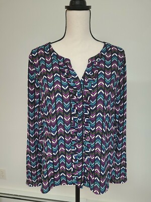 Candie's Women's Blouse Chevron Purple Teal Ruffle Front Button Up Shirt Size L