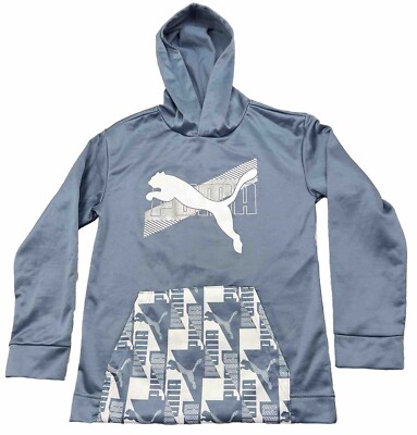 Puma Unisex Sweatshirt L 14-16 Hoodie Gray Soft Fleece Big Graphic Logo Pocket