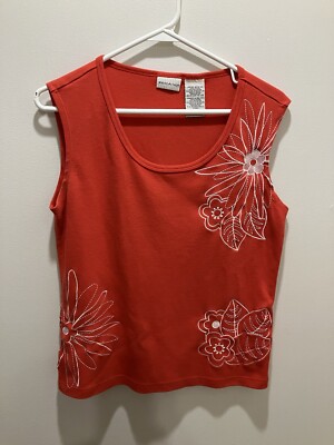 White Stag Size Medium (8-10) Orange With Embroidered Flowers Sleeveless Shirt