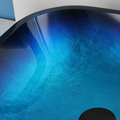 17" Square Blue Bathroom Vessel Sink Tempered Glass Basin Mixer Pop Up Drain Tap - Picture 12 of 13