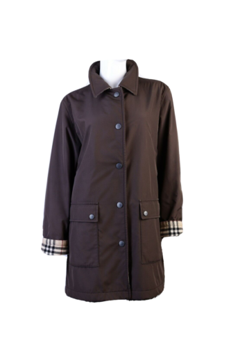 Women's Burberry London Nylon Wool Nova Check Brown Coat Size 42 - Afbeelding 1 van 13