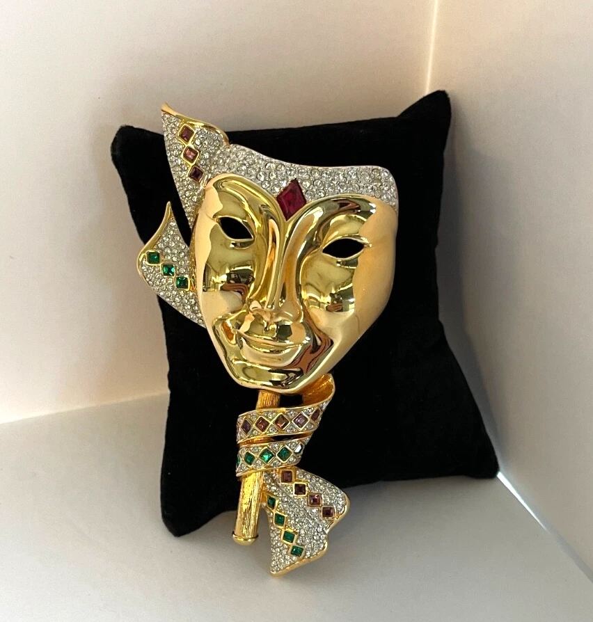 Swarovski- Mardi Gras Mask Brooch- Red, Green & Clear Crystals- Rare Piece! G101 - Image 2 of 4