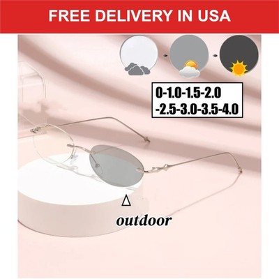 DIXSG Oval Photochromic Reading Glasses Women Men Frameless Minus Diopter