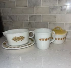 Vintage Pyrex Butterfly Gold Gravy Boat with Plate, & Cream and Sugar set