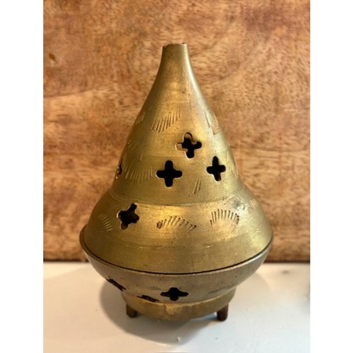 Vintage Brass Cone Incense Burner Engraved Pierced Lidded Censer Holder