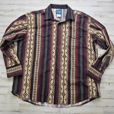 VINTAGE Wrangler Brushpopper Shirt Aztec Pearl Snap Southwestern